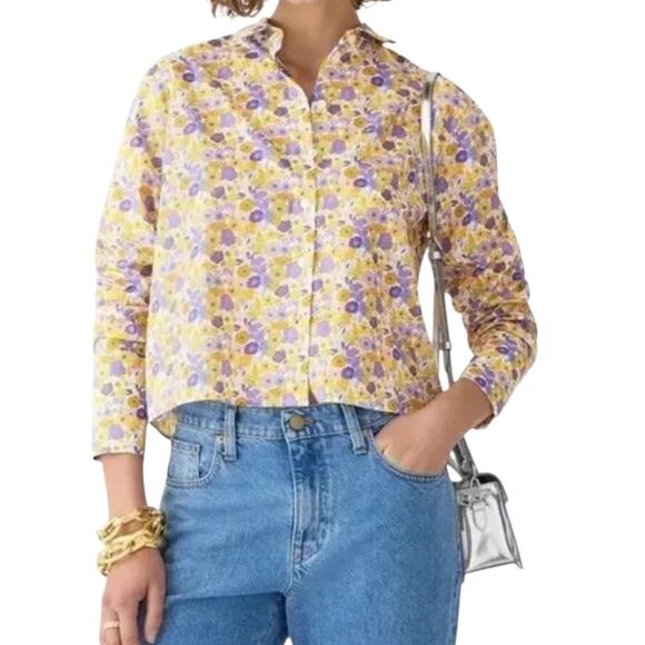 J.Crew Liberty London Womens SZ 6 Cropped Garçon Cotton Shirt Arrow Floral Boho - Picture 1 of 9